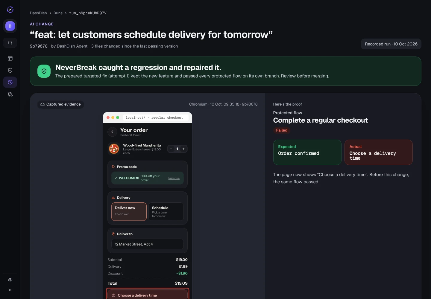 ProofLayer run page: NeverBreak caught a regression in a regular checkout and verified a repair, with the captured Chromium evidence.