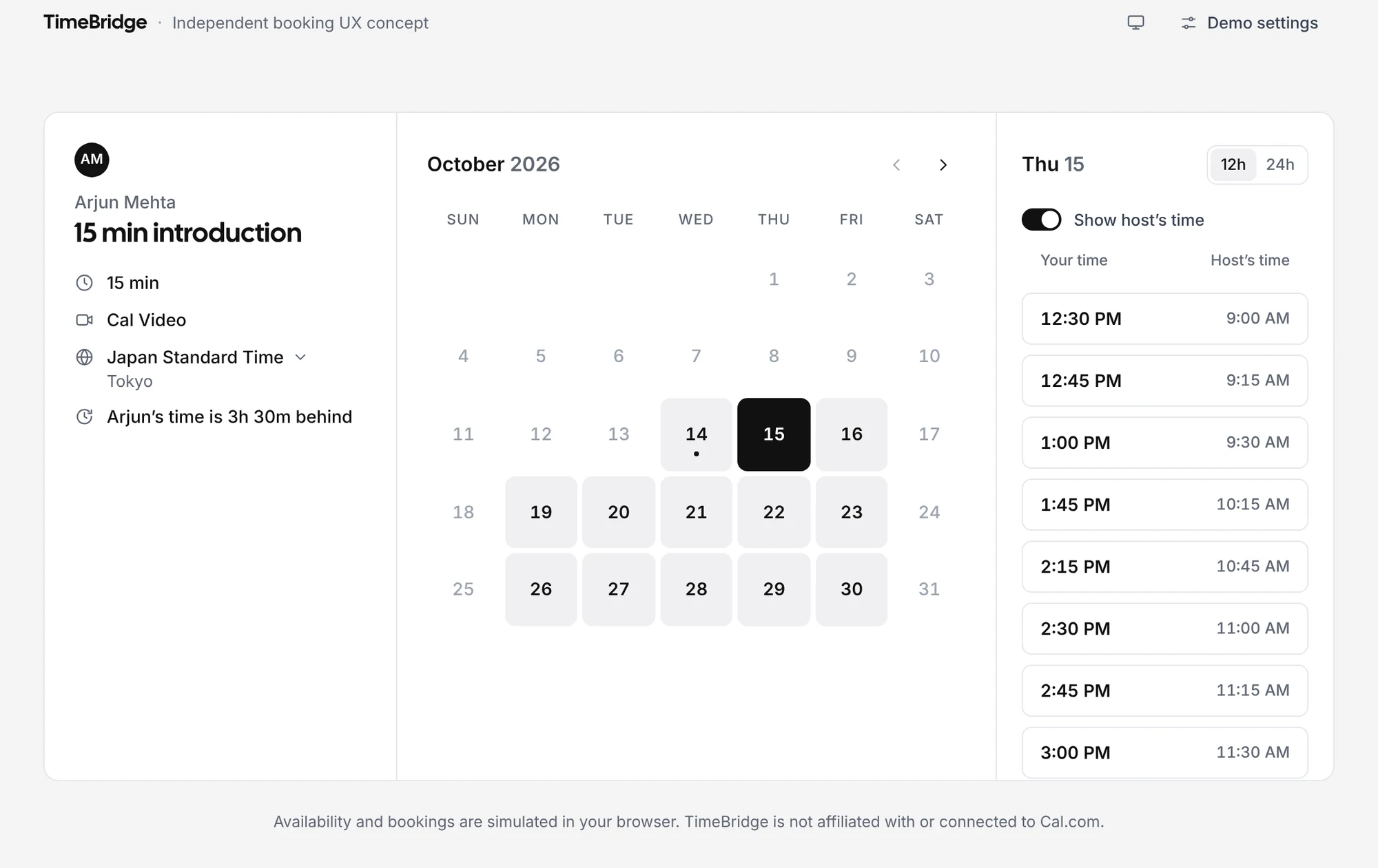 TimeBridge booking step: a guest in Tokyo picks a slot, with the host’s time shown beside each one and a line saying Arjun’s time is 3h 30m behind.