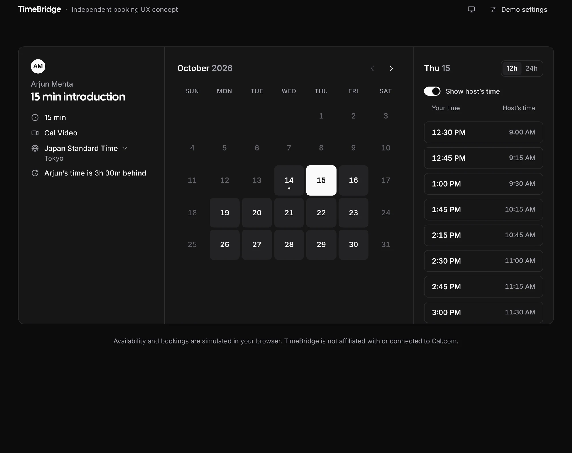 TimeBridge booking step in the dark theme.