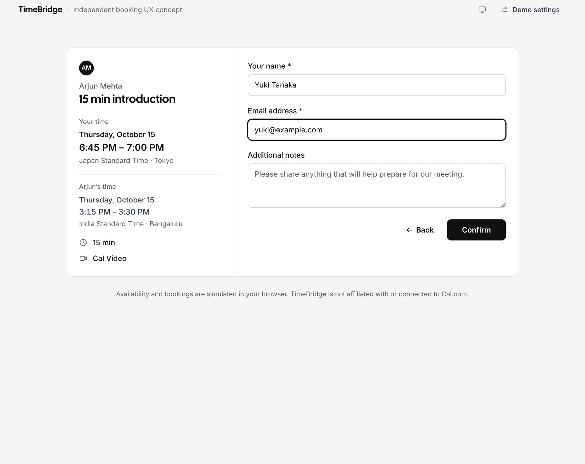 Details — name, email and notes, with the slot in both time zones.