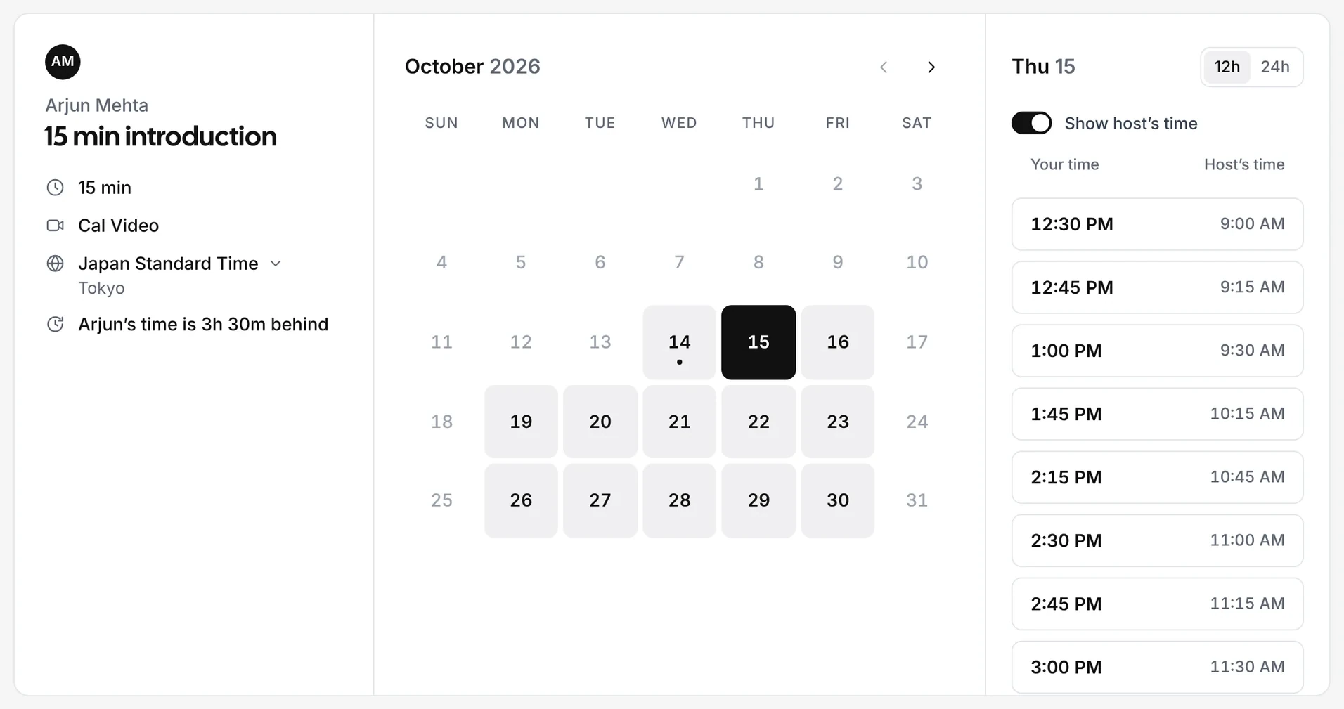 TimeBridge on a phone: event details with “Arjun’s time is 3h 30m behind”, the Japan Standard Time zone picker and the October 2026 calendar.