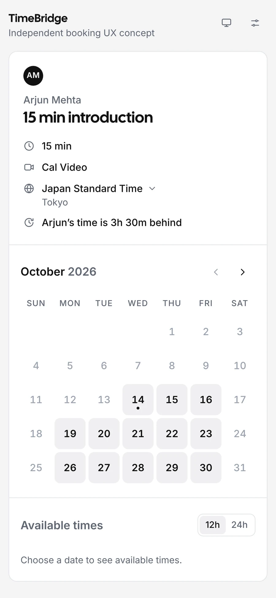 TimeBridge on a phone: event details with “Arjun’s time is 3h 30m behind”, the Japan Standard Time zone picker and the October 2026 calendar.
