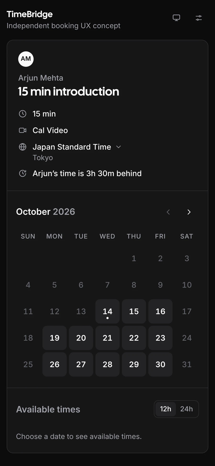 TimeBridge on a phone in the dark theme.