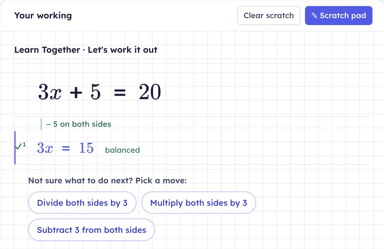 A worked step marked balanced, with suggested next moves.