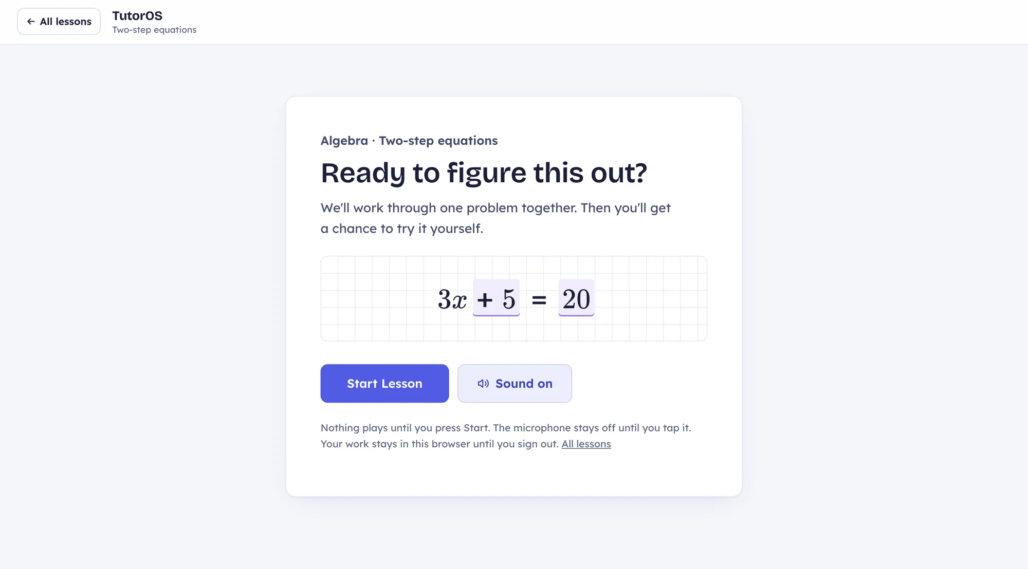 TutorOS — the start of a two-step equations lesson.