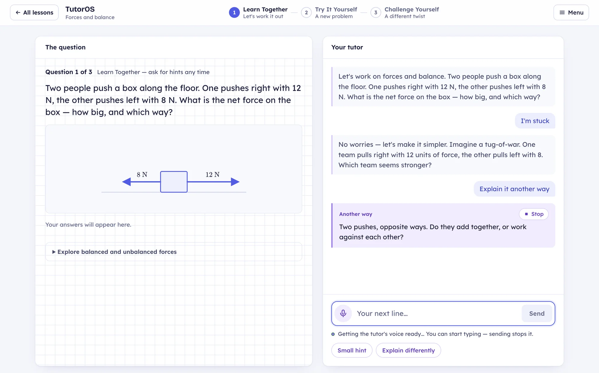 Learn Together — a forces question with the tutor’s step-by-step prompts.